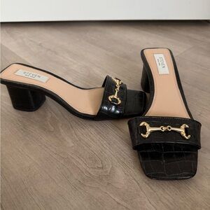 Steven Black Croc-Embossed Mules with Gold Accents